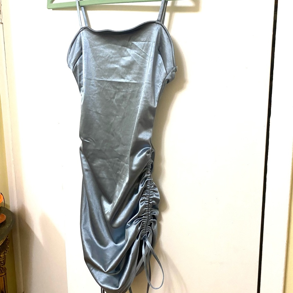 Pearl Blue Satin Bodycon Cami Dress Double Ruched